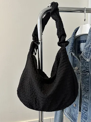 Borsa a Spalla da Donna in Nylon con Textur Popcorn Fiocco Pieghe Borsa Sottobraccio Hobo per Uso Quotidiano Grande Borsa Tote