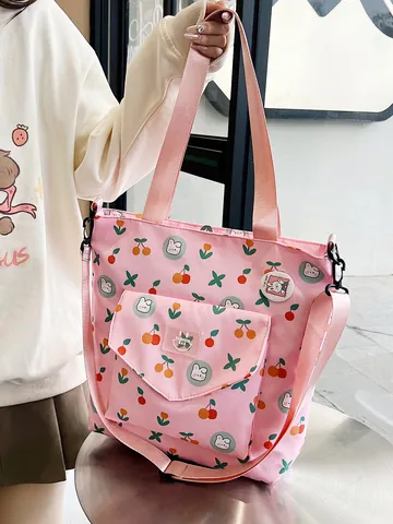 Bolso Tote de Tela Oxford Para Mujer Con Estampado de Cerezas Y Conejos Gran Capacidad Bolso de Hombro Para Escuela Diario