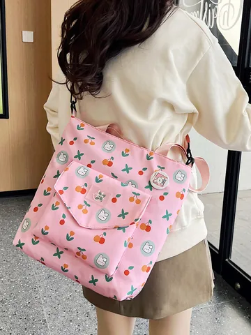 Bolso Tote de Tela Oxford Para Mujer Con Estampado de Cerezas Y Conejos Gran Capacidad Bolso de Hombro Para Escuela Diario
