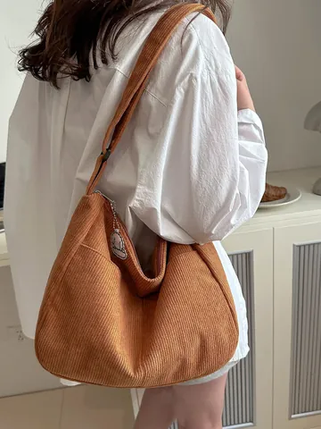 Women Corduroy Tote Bag Large Capacity Vintage Japanese Style Shoulder Bag With Adjustable Strap Cartoon Charm Daily Handbag