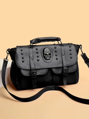 Vintage PU Leather Rivet Skull Handbag For Women Gothic Punk Shoulder Crossbody Bag Fashion Litchi Pattern Casual Tote Bag