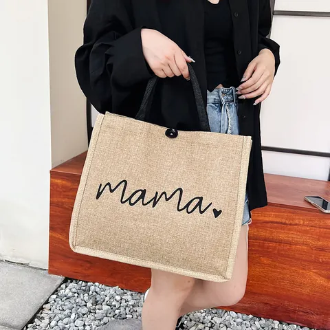 Women Jute Linen Tote Bag Large Capacity Handbag Mama Heart Print Casual Shopping Travel Shoulder Bag Portable Gift
