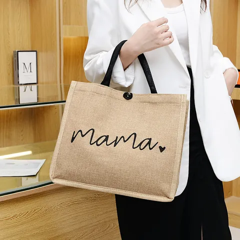 Women Jute Linen Tote Bag Large Capacity Handbag Mama Heart Print Casual Shopping Travel Shoulder Bag Portable Gift