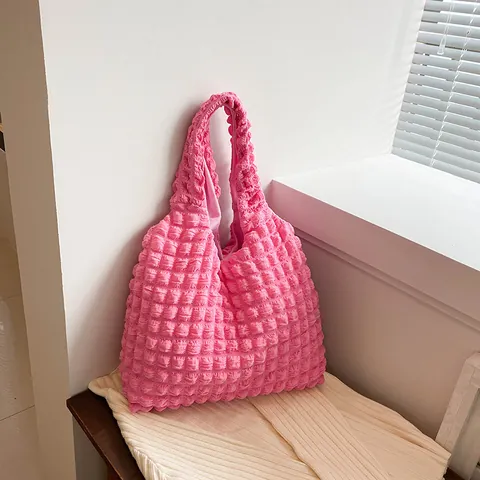 Women Korean Popcorn Texture Tote Bag Minimalist Bubble Fabric Large Capacity Shoulder Bag Casual Summer Handbag For Daily Use