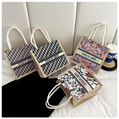 Women Casual Jute Canvas Tote Bag Large Capacity Bohemian Floral Geometric Letter Print Handbag With Rope Handle For Travel Beach