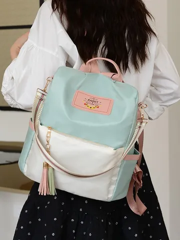Dames Casual Oxford Stof Rugzak Grote Capaciteit Anti-diefstal Konijn Print Schooltas Met Kwastje Gestreepte Banden