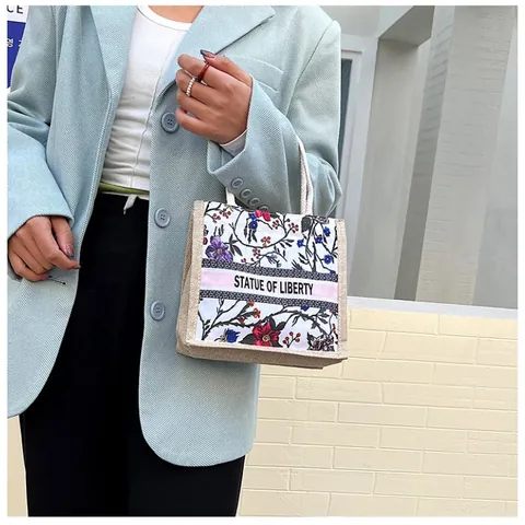Women Casual Jute Canvas Tote Bag Large Capacity Bohemian Floral Geometric Letter Print Handbag With Rope Handle For Travel Beach