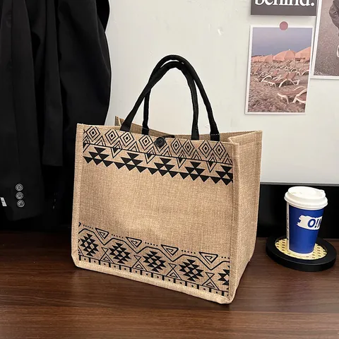 Women Ethnic Geometric Printed Jute Tote Bag Large Capacity Burlap Shoulder Shopping Bag Artistic Fashion Handbag Khaki Bag
