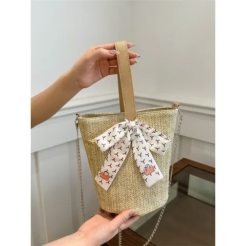 Damen Stroh Beuteltasche Gewebte Tote Schulter Crossbody Tasche Mit Seidenschal Metallkette Für Sommerurlaub Strandtasche