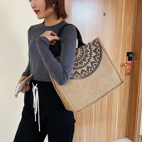 Women Large Capacity Jute Tote Bag Ethnic Mandala Printed Bohemian Minimalist Canvas Shopping Shoulder Bag Eco-Friendly Travel Handbag