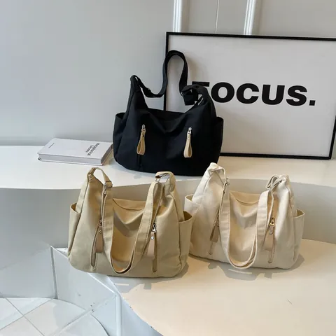Casual Canvas Large Capacity Shoulder Bag With Double Zipper Solid Color Versatile Crossbody Bag For Women Daily Use Travel