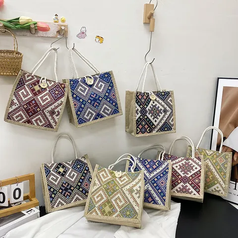 Ethnic Style Woven Jute Linen Handbag For Women Vintage Geometric Pattern Bohemian Tote Bag Small Bento Lunch Bag Handheld Daily Accessory Bag