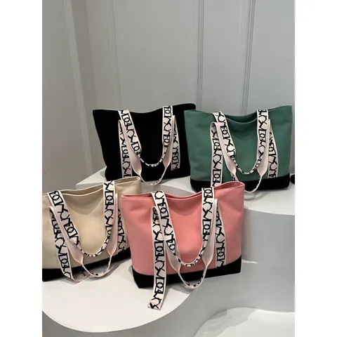 Women Canvas Tote Bag Letter Print Strap Large Capacity Urban Minimalist Shoulder Bag Shopping Bag Daily Commuting