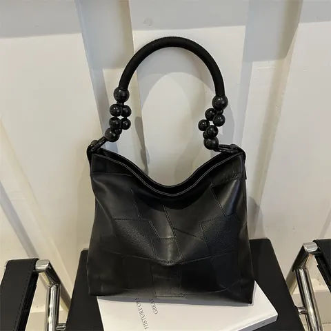 Große Damen Umhängetasche Aus PU Leder Mit Holzperlengriff Geometrisches Patchwork Tote Bag Vintage Hobo Tasche Für Pendler