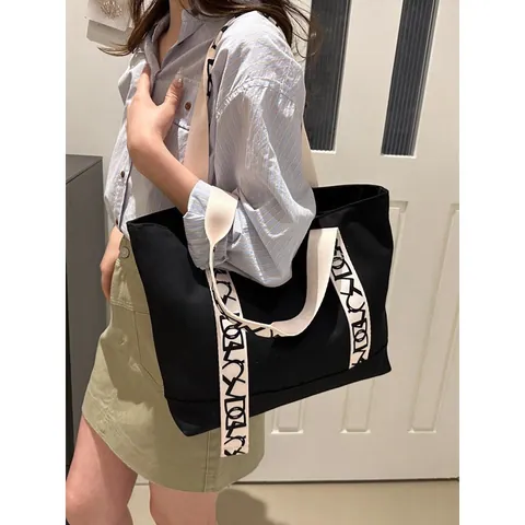 Women Canvas Tote Bag Letter Print Strap Large Capacity Urban Minimalist Shoulder Bag Shopping Bag Daily Commuting