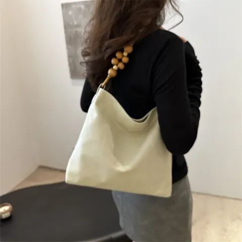 Große Damen Umhängetasche Aus PU Leder Mit Holzperlengriff Geometrisches Patchwork Tote Bag Vintage Hobo Tasche Für Pendler