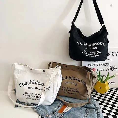 Borsa Tote in Tela da Donna Grande Capacità Stampa a Lettere Semplice Borsa a Tracolla Casual Con Tracolla Regolabile Stile Vintage Borsa a Spalla