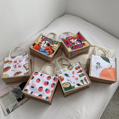 Japanese Style Cute Cartoon Fruit Print Jute Canvas Tote Bag With Cotton Rope Handle Zipper Portable Handbag For Women Students