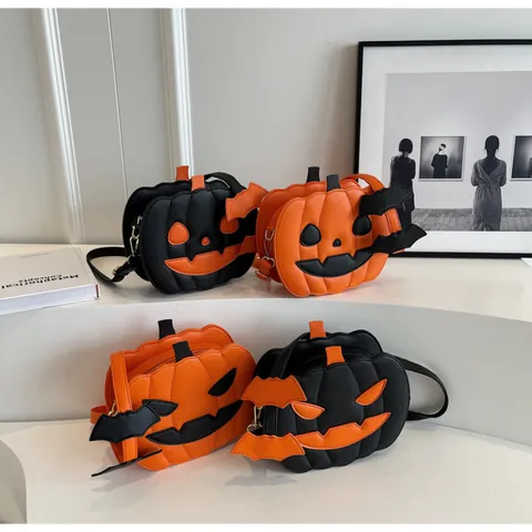 Halloween Creative Pumpkin Crossbody Bag For Women PU Leather Cartoon Bat Decoration Shoulder Bag Funny Party Gift Orange Black