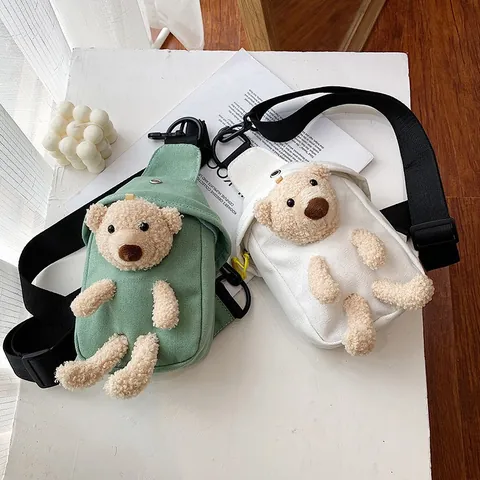 Simpatica Borsa da Petto in Tela con Orsetto di Peluche per Donna Ragazza Borsa a Tracolla Piccola in Stile Giapponese Borsa da Viaggio Casual Quotidiana