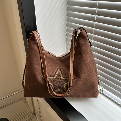 Damen Vintage Wildleder Achseltasche Mit Stern Patch Dekor Kette Riemen Schultertasche Urban Casual Hobo Bag Kleine Tote