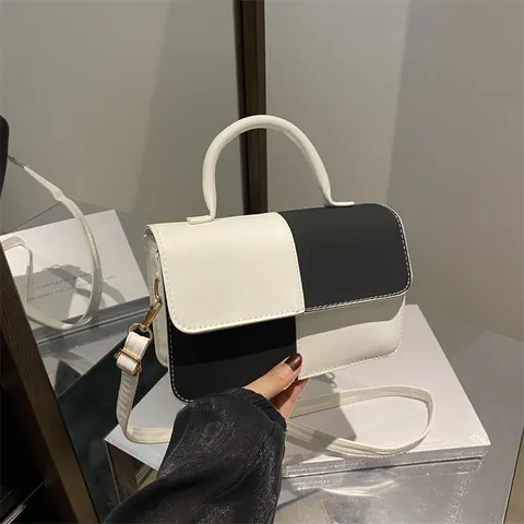 Moda Bloque de Color Cuadros PU Cuero Bolso Bandolera Para Mujer Pequeño Bolso Cuadrado Con Asa Superior Herrajes Dorados Diario Viaje Bolso de Mano