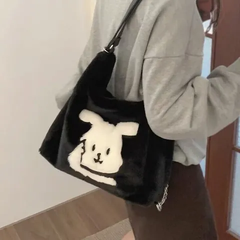 Damen Cartoon Plüsch Tragetasche Süße Kunstpelz Schultertasche Hase Tier Muster Handtasche Große Kapazität Herbst Winter Mode Tasche