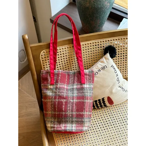Women Woolen Plaid Bucket Bag Large Capacity Retro Checkered Tote Bag Contrast Color Handbag Shoulder Bag For School Commute