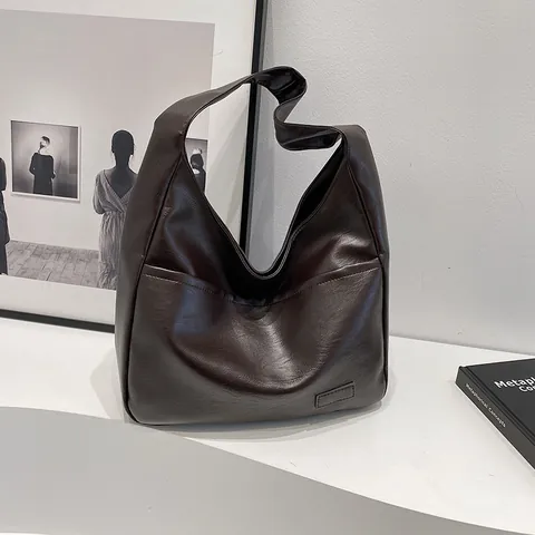Women's Large Capacity PU Leather Tote Bag Vintage Minimalist Shoulder Bag Solid Color Underarm Bag For Commuting Daily