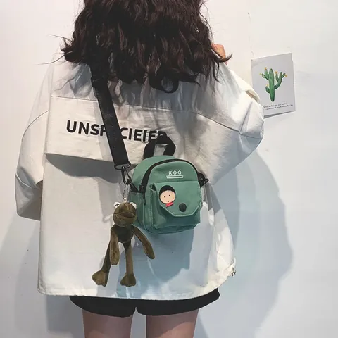 Borsa a Tracolla in Tela Tinta Unita Casual Moda Donna Mini Borsa a Spalla Carino Ciondolo Rana Messenger Bag