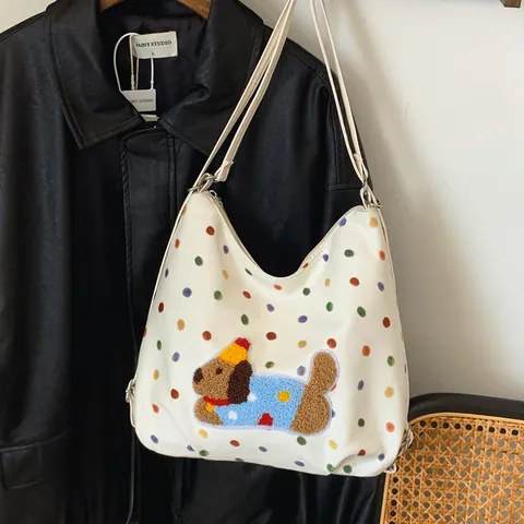Women Polka Dot Dachshund Embroidery Canvas PU Tote Bag Casual Large Capacity Shoulder Messenger Bag College Style Hobo Bag