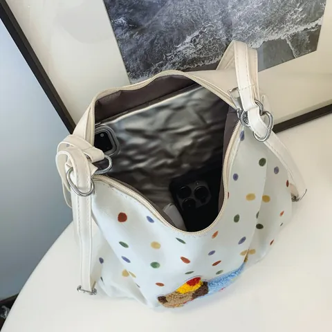 Women Polka Dot Dachshund Embroidery Canvas PU Tote Bag Casual Large Capacity Shoulder Messenger Bag College Style Hobo Bag