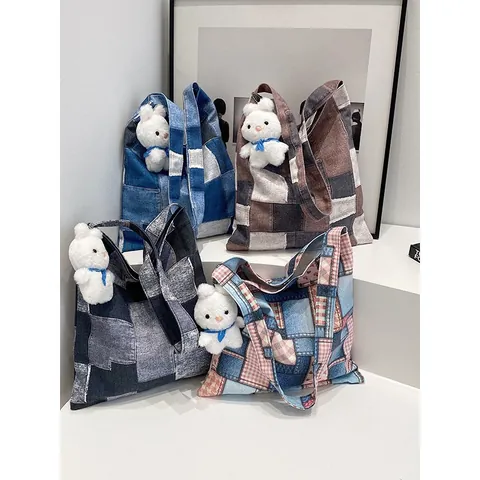 Women Large Capacity Patchwork Canvas Tote Bag Retro Checkered Denim Shoulder Bag Casual Commuting Handbag Daily Shopper Bag