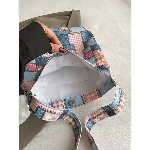 Women Large Capacity Patchwork Canvas Tote Bag Retro Checkered Denim Shoulder Bag Casual Commuting Handbag Daily Shopper Bag