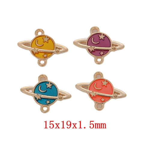 Enamel Alloy Planet Pendants With Gold Moon Star Patterns Double Loop Saturn Charms For DIY Jewelry Making Accessories