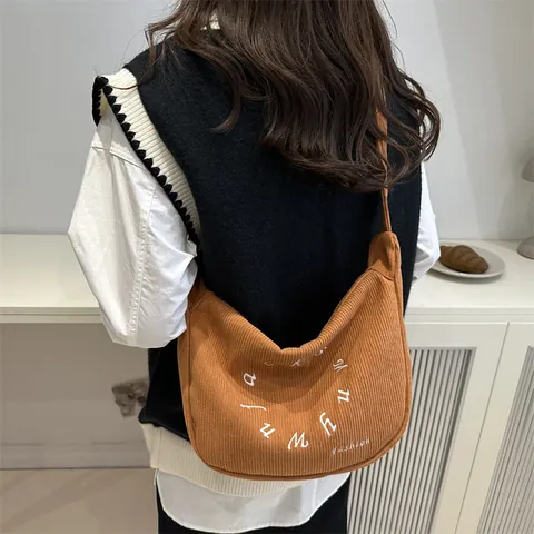 Women Large Capacity Nylon Shoulder Bag Letter Embroidered Casual Tote Bag Trendy Drawstring Hobo Underarm Bag Crossbody Bag