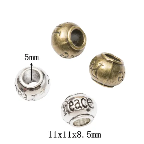 Cuentas de Agujero Grande de Letras de Paz de Aleación Retro para Hacer Joyas DIY Pulsera Europea Collar Metal