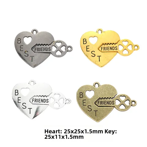 Vintage Zinc Alloy Heart Key Puzzle Pendant Best Friends Engraved Friendship Jewelry Making DIY Necklace Keychain Accessory