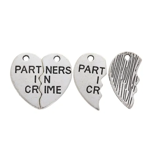 Vintage Zinc Alloy Heart Puzzle Pendant Partners In Crime Antique Bronze Silver Plated DIY Jewelry Making Charms