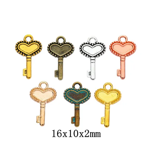 Vintage Alloy Heart Key Pendant Charms For DIY Jewelry Making Antique Bronze Gold Silver Rose Gold Metal Craft Accessories