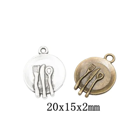 Vintage Alloy Tableware Pendant Plate Knife Fork Spoon DIY Jewelry Making Accessories Antique Silver Bronze Round Charm