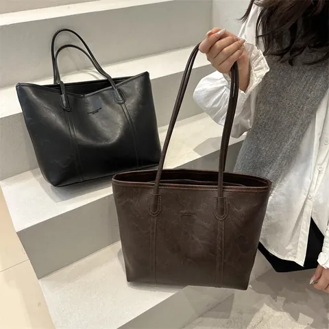 Dames Grote Capaciteit PU Leer Tote Bag Minimalistisch Vintage Woon-werkverkeer Schoudertas Bruin Zwart Kantoor Handtas