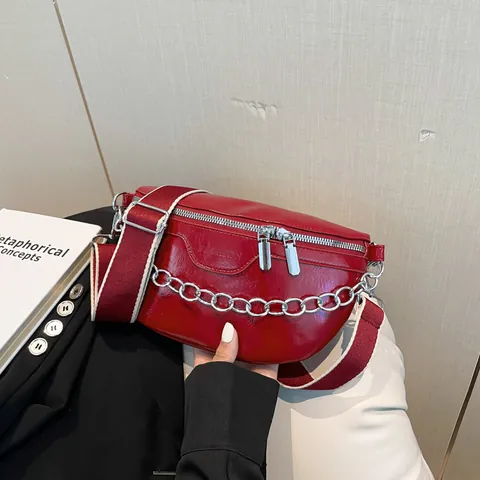 Bolso de Pecho de Cuero PU con Forma de Luna para Mujer Con Cadena Plateada Gruesa Bandolera de Color Sólido Riñonera