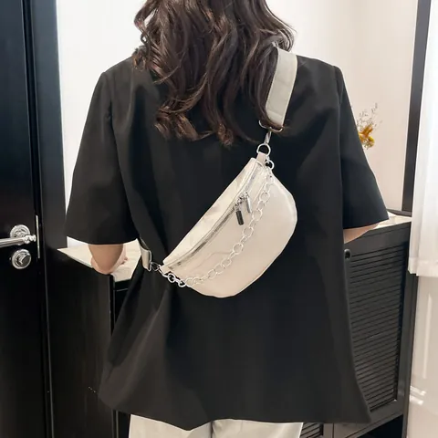 Bolso de Pecho de Cuero PU con Forma de Luna para Mujer Con Cadena Plateada Gruesa Bandolera de Color Sólido Riñonera