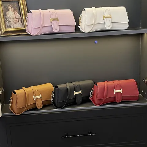 Women Textured PU Leather Underarm Bag Elegant H-Shaped Gold Buckle Flap Single Shoulder Handbag For Daily Commuting