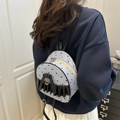 Women Mini Fashion Backpack Sweet Blue White Striped Heart Pattern Bowknot Heart Pendant Ruffle Travel Backpack For Women