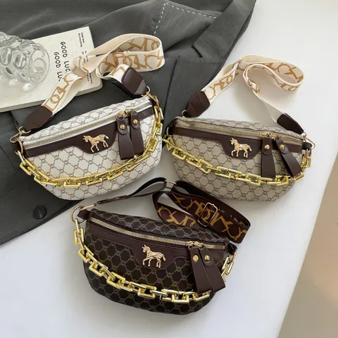Vintage Monogramm Brusttasche Für Damen Retro PU Leder Gürteltasche Mit Goldkette Mode Umhängetasche Pferd Metall Schnalle