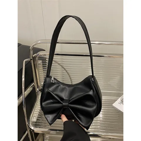 Bolso de Axila de Cuero PU Y2K Con Lazo Grande Para Mujer Bolso de Moda Color Sólido Accesorio Para El Uso Diario