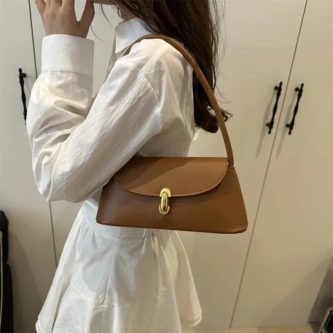 Bolso de Axila de Cuero PU Vintage para Mujer Minimalista Color Sólido Bolso de Hombro Con Cerradura de Metal Dorado