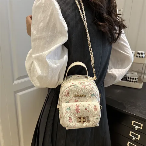 Damen Niedlicher Cartoon Gedruckter Mini Rucksack Weißes Kunstleder Goldkette Umhängetasche Kleine Handtasche Täglich